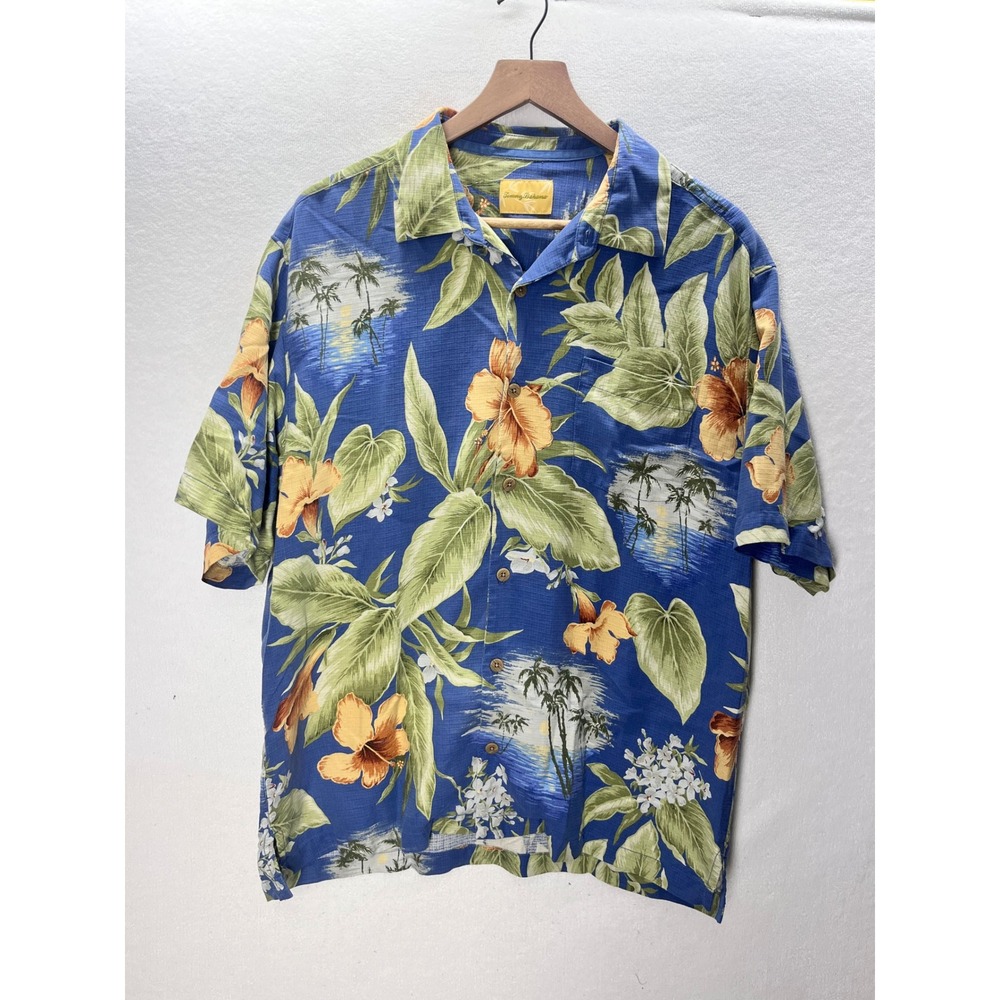 Tommy Bahama Hawaiian Shirt Mens Large Blue Silk Tropical Floral Hibiscus 3246